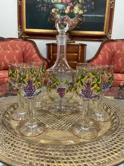 Beautiful Italian Hand-Painted Grape Decanter and 6 Wine Goblet Glass Set🌷Never Used
