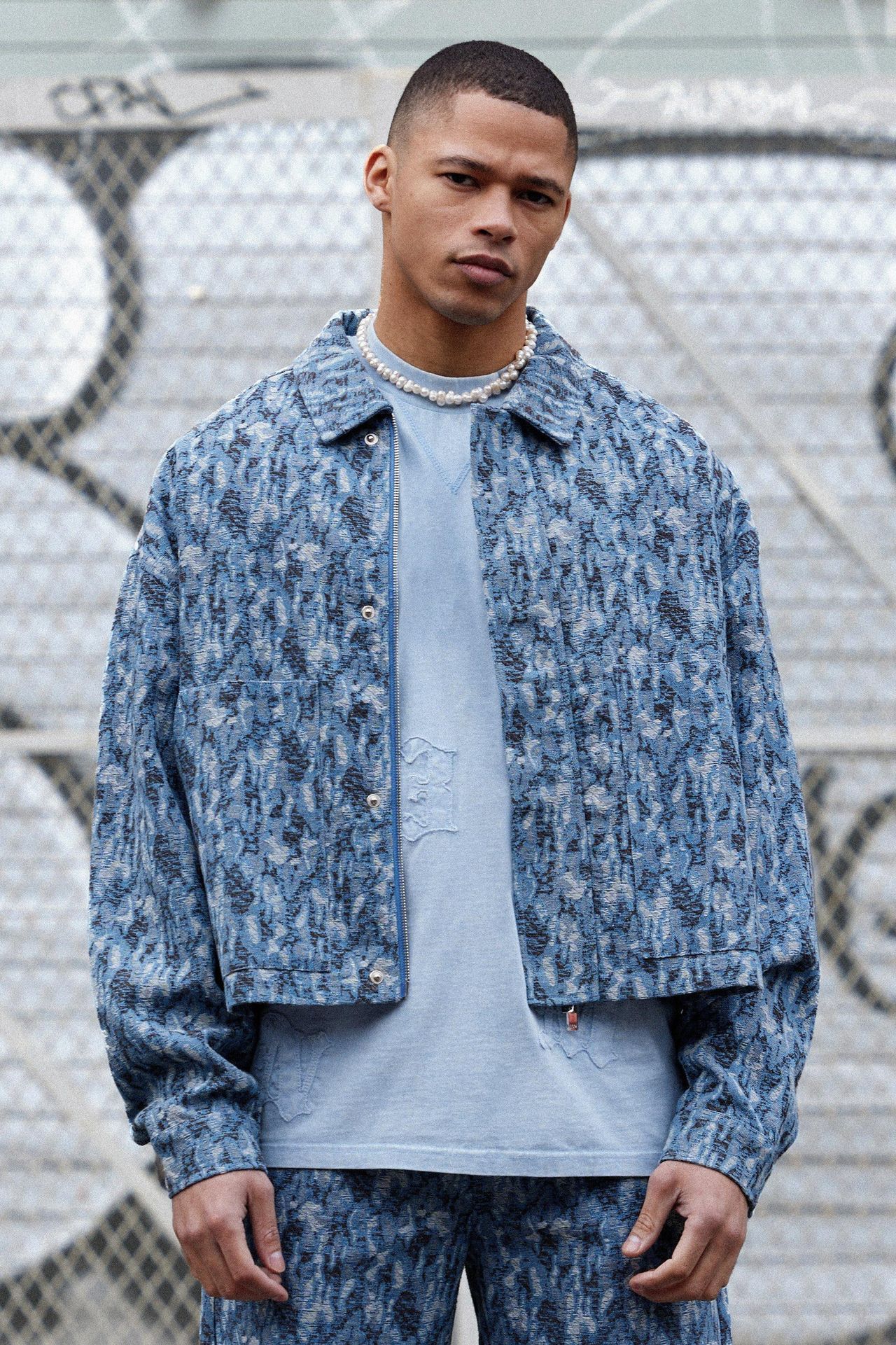 Boxy Fit Fabric Interest Distressed Denim Jacket (new) sz: small