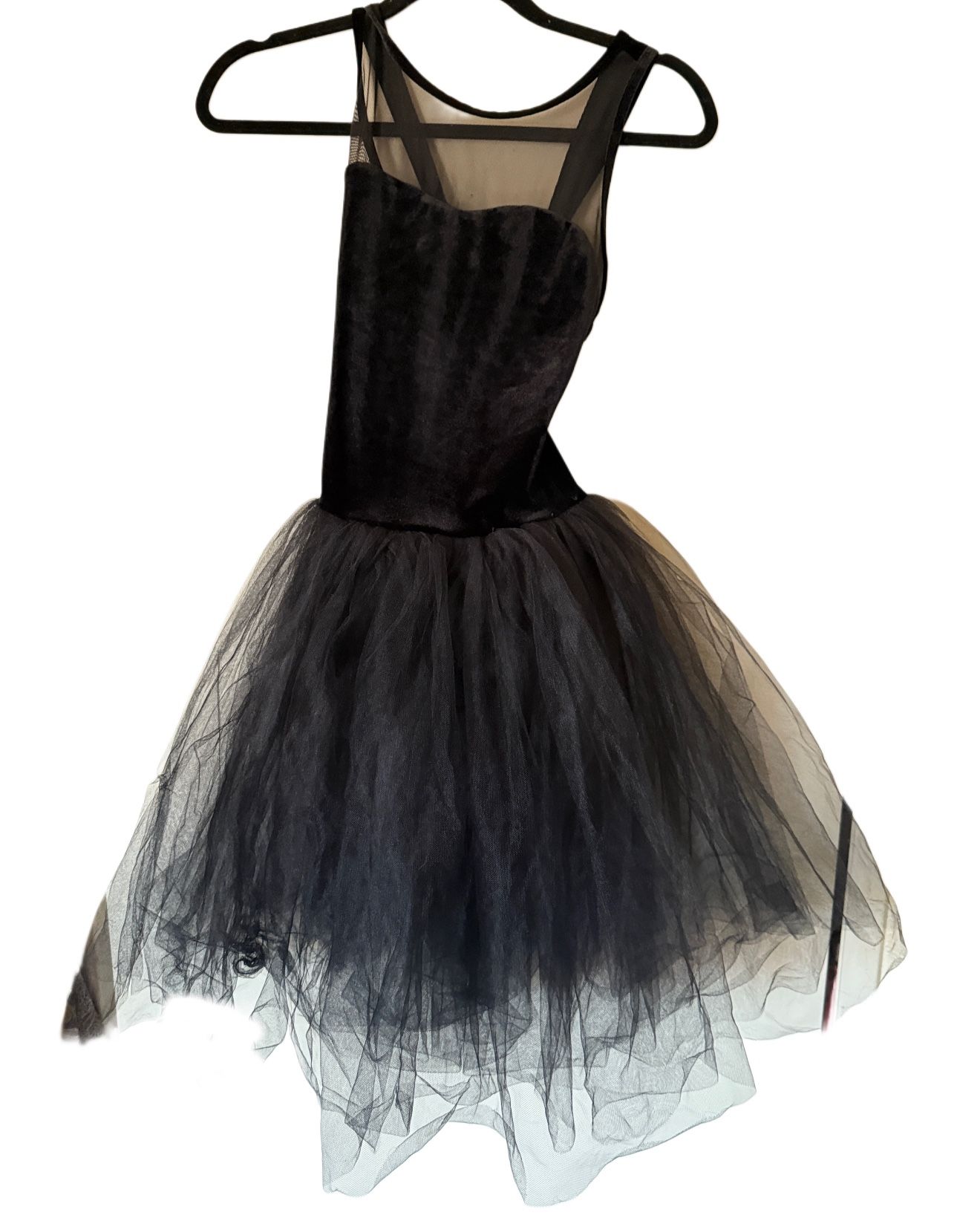 Double Platinum Performance Black sleeveless velvet cut out chiffon leotard festival tutu costume dance dress tutu skirt one piece Sz small