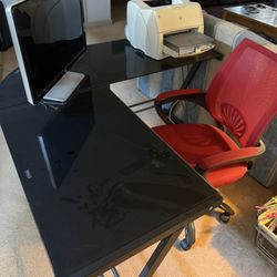L-Shaped Computer And Printer Glass Top Desk