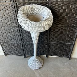 Tall Mid Century Bohemian White Wicker Vintage Trumpet Plant Stand or Planter