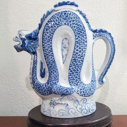 White & Blue Chinese Teapot Pitcher Porcelain Dragon Shape.