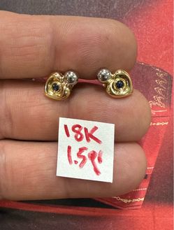 18K Solid Gold Earrings For Wedding Blue Sapphire Stones 1.5Gr