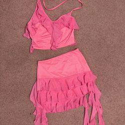 New small pink short stretchy skirt top outfit rave festival set crop halter