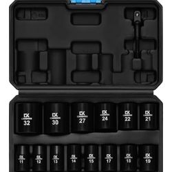 15PCS 1/2" Drive Shallow 12-Point Impact Socket Set, Metric(11mm - 32mm), Cr-V Steel, Includes Drill Socket Adapter