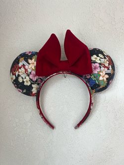 Custom Handmade Mulan Floral Burgundy Red Velvet Cherry Blossom Cottagecore Headband Ears - One Size