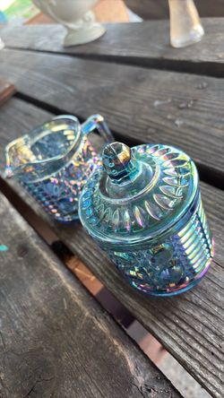 Indiana Iridescent Carnival Glass Creamer and Sugar Set