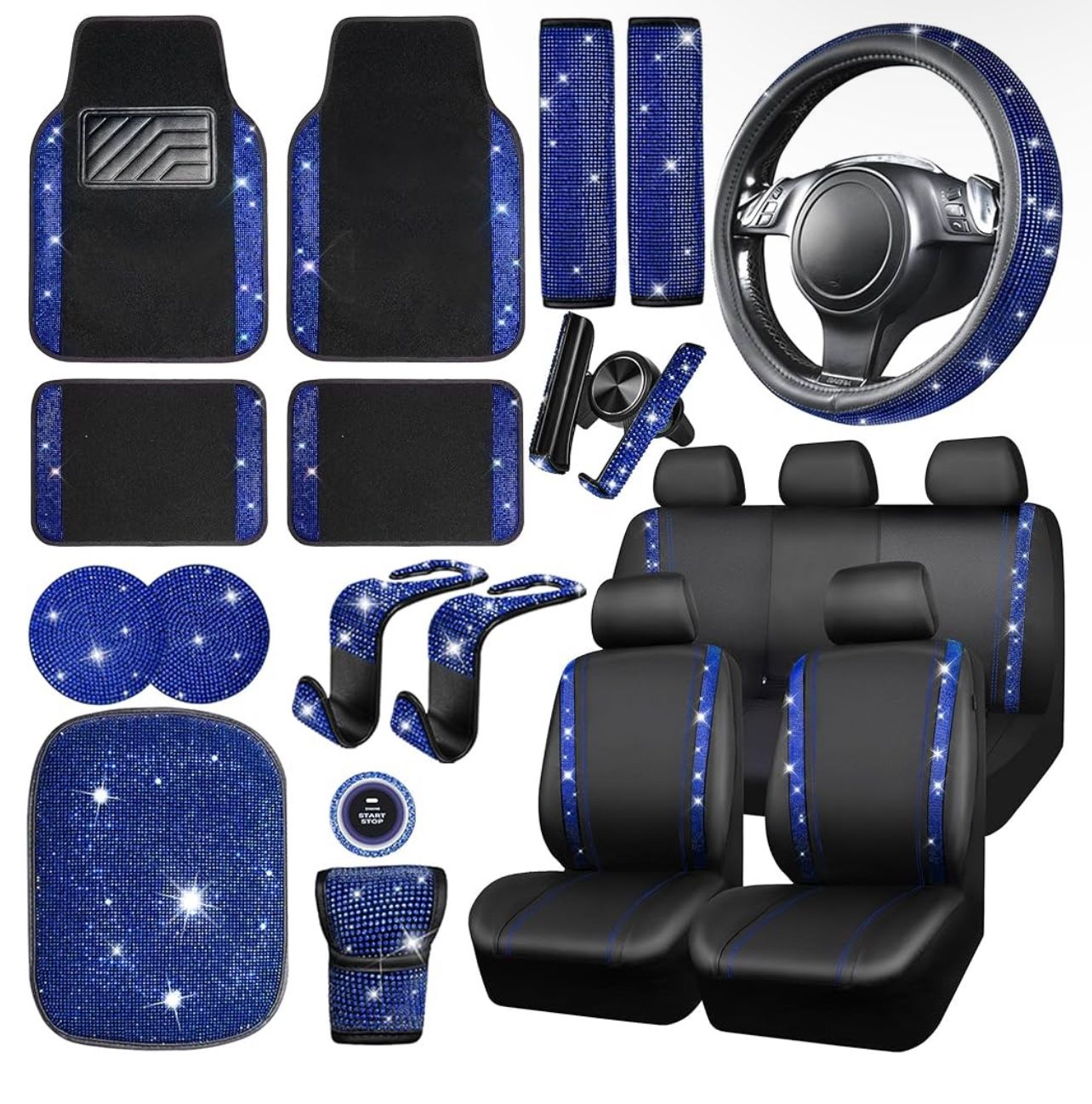 Leather Car Seat Covers Full Set Sparkly Rhinestone15'' Steering Wheel Covers Shining Blue Rhinestone Car Floor Mats Cute Car Interior Sets