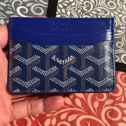 Blue Designer Goyardine Style Card Holder – Yellow Interior
