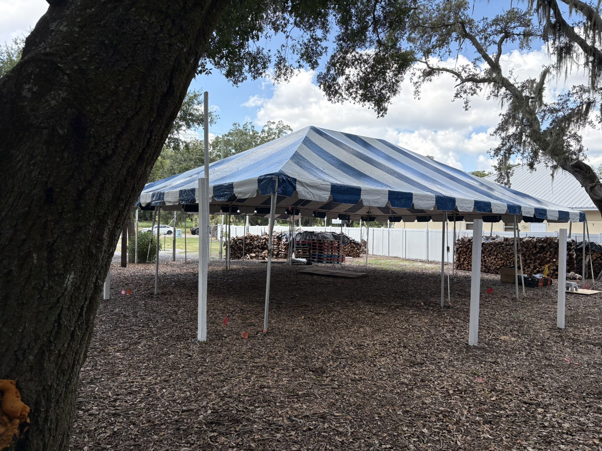 30x40 Vinyl Aluminum Frame Tent With Sunblock Vinyl.  Includes Straps, Rackets And Stakes.