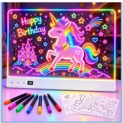 16’’ LED Drawing Board for Kids with 16 Light Effects Rechargeable Timer, Sound Sync Modes, Dry Erase Light Up Drawing Pad, Neon Glow Note Board Birth