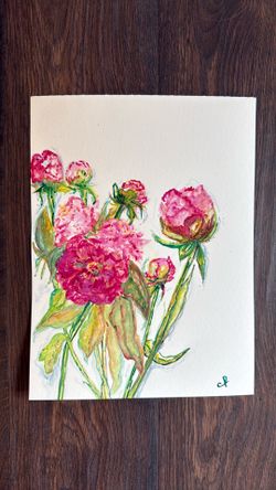 Original Art - Local Artist - Watercolor Painting - Peony Flowers  9”x12”