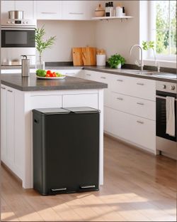 Kitchen Dual Trash Can, 60L Hands-Free Stainless Steel Garbage Can, Classified Rubbish Bin with Double Compartments, Soft-Close Lid, Inner Bucket, Odo