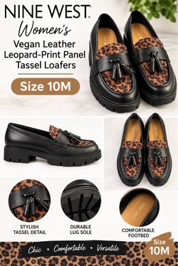 Nine West Vegan Leather Leopard-Print Panel Tassel Loafers, Size 10 (Black/Leopard Print)