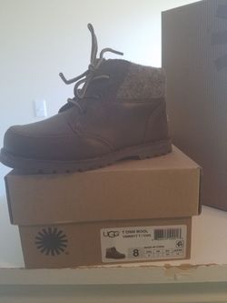 Toddler boy size 8 UGG boots. Worn 4 times and in excellent shape. No wear and tear at all. Still has the ridges on the bottom of the shoe.