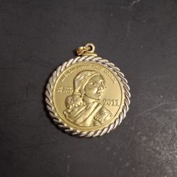 Sacagawea American Indian Relief Council Pendant, Goldtone Center W/Silvertone Rope Rim 2011 Limited Edition Reproduction Copy