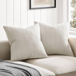 ZeeMart 100% Cotton Waffle Textured Throw Pillow Covers Set Of 2, 22x22 Inch Ecru, Soft Farmhouse Decorative Couch Pillow Cases Beige Cushion Covers F