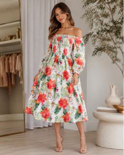095 | Tropical Floral Smocked Midi Dress