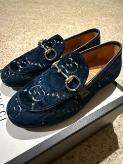 Gucci Kids Jordaan Velvet GG Horsebit Loafers Blue Size 28 New in Box