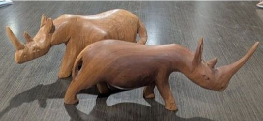 TWO VTG Hand-Carved Wood Rhinoceros Figurines. Most likely teak, and from Africa