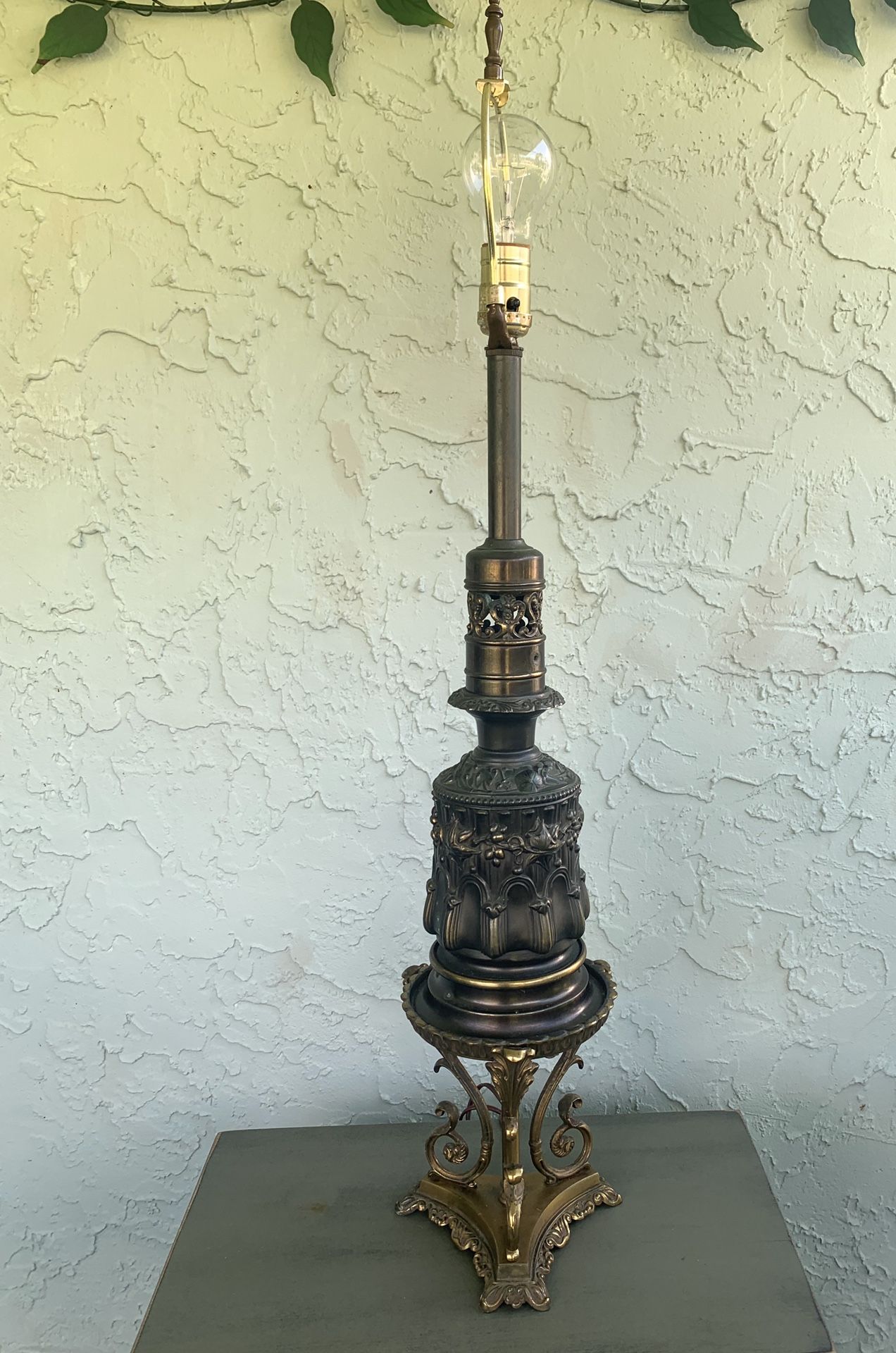 Vintage Solid-Brass Electrified-Oil Table Lamp (Height: 33-1/2”)