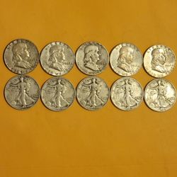 10 Silver Half Dollar Coins 
