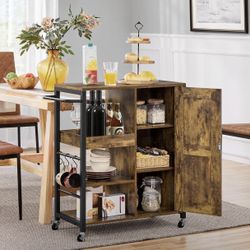 Kitchen Island Cart on Wheels, Rolling Serving Utility Trolley Cart with Storage Cabinet & Adjustable Shelves, Coffee Cart with Barn Door & S-Hooks fo