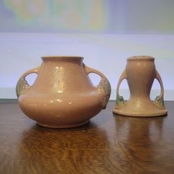 Vintage Roseville Tuscany Pink Handled Vase & Flower Frog Set (1927) - Art Deco Ceramic Pair