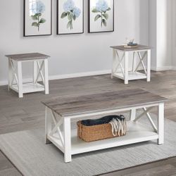 3PCS COFFEE TABLE SET GRAY/WHITE WOOD VENNER TOP BASE FRAME AND SHELFS (AD) DELIVER AVAILABLE   