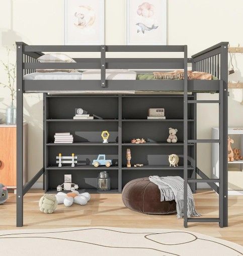 Full Size wooden Loft Bed with 8 Open Storage Shelves and Built-in Ladder, Gray