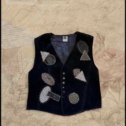 80s Vintage Bestini Paris Made In France Black Velvet Vest With Geometric Embroidered Patchwork Size Small 
