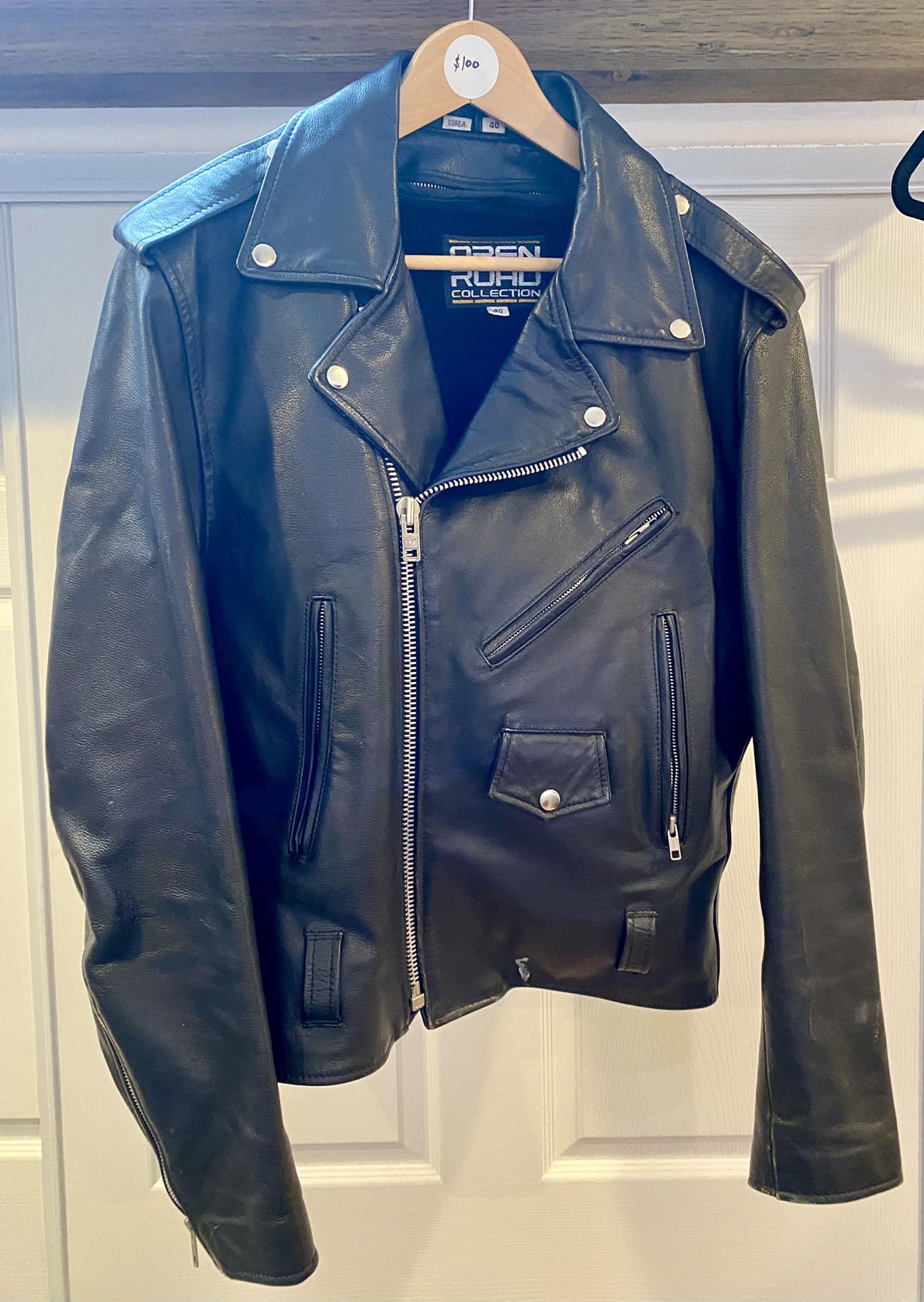 Open Road Men's Black Leather Motorcycle Jacket Size 40