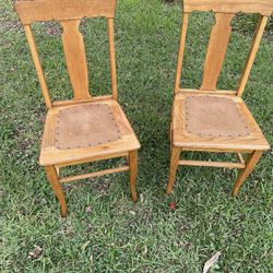 Two Antique Oak Chairs With Leather Seat