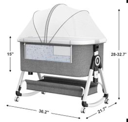 3-in-1 Baby Bassinet Bedside Sleeper, Easy Night Feeding with One-Side Fold & Rolling Wheels, Breathable Mesh, 6-Height Adjustable