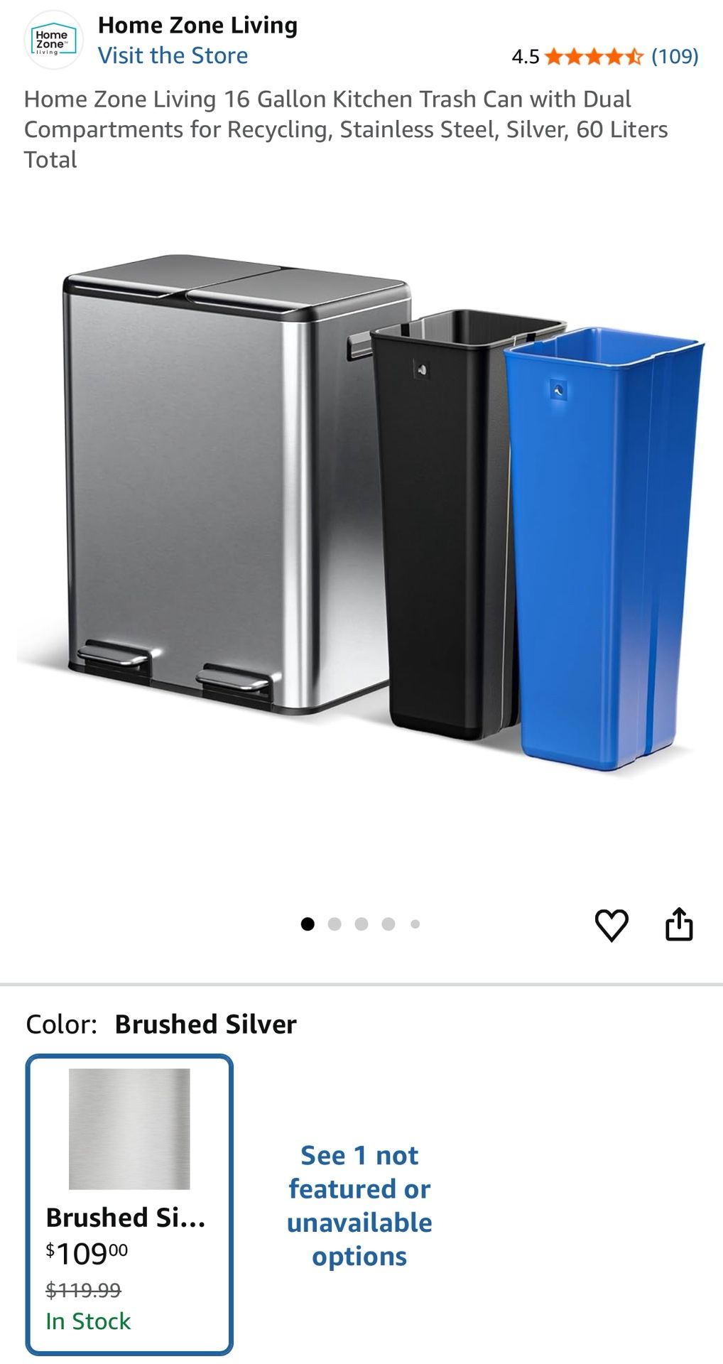 Home Zone Living 16 Gallon Kitchen Trash Can with Dual Compartments for Recycling, Stainless Steel, Silver, 60 Liters Total