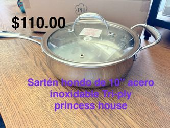 Sartén hondo de 10” acero inoxidable Tri-ply 👉 princess house todo nuevo y con caja 📦