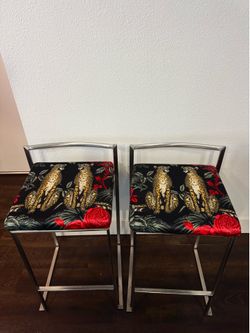 Rococo Chairs Pair Cheetah Print Bar Stools Counter Height Animal Hollywood Regency Jungle Leopard