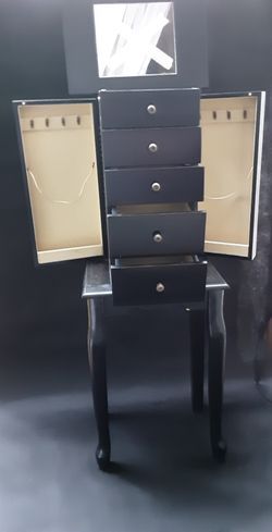 Costway Stand Up Jewelry Cabinet With Mirror, 4 Drawers That Open , Top Opens, Sides Open Black In Color ***NEW ***