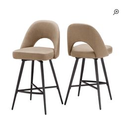 Mercury Row Etna Swivel Upholstered Counter Stool with Metal Frame (Set of 2) Beige Herringbone