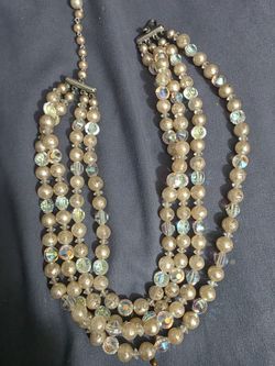 Vintage Aurora Borealis Crystal And Pearl Necklace 