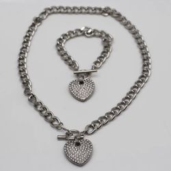 2 Pc Heart Charm Necklace & Bracelet Set (Silver)