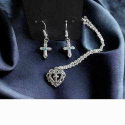 Silver cross charms earrings and bracelet set