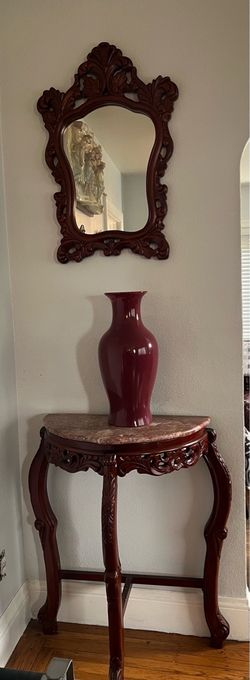Vintage cherry wood decorative table with matching mirror