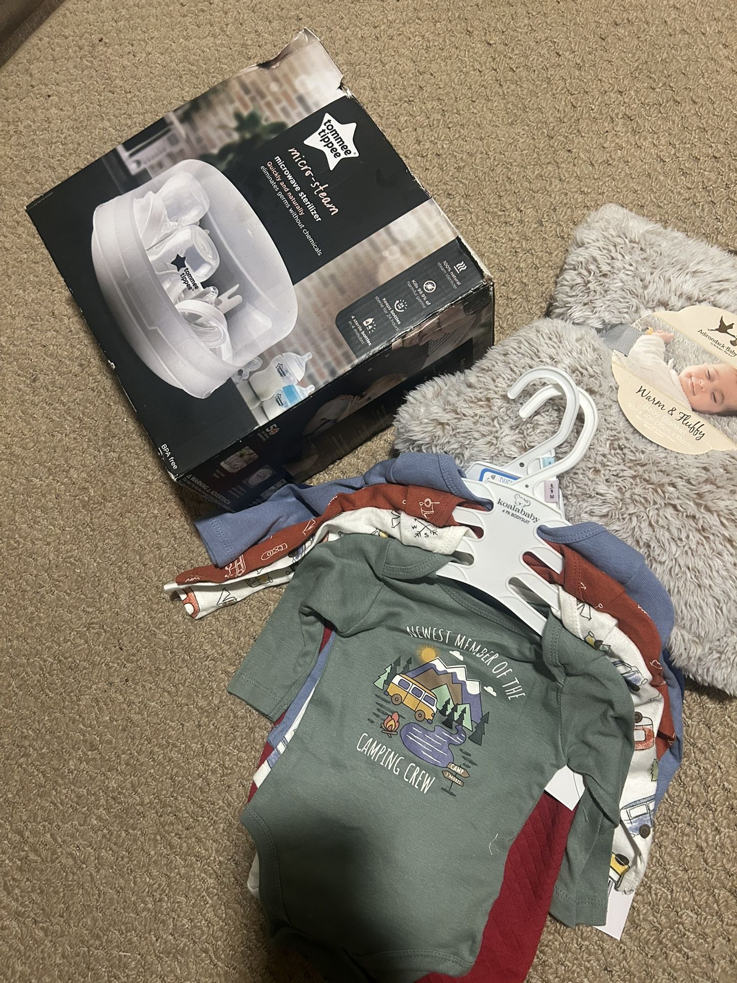 Tommee Tippee Microwave Steam Sterilizer With Baby Boy Clothes And One Blanket