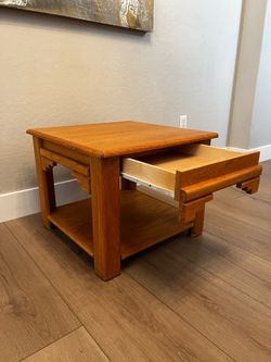 Vintage Mission Style Two Tier Solid Wood Side Table w/ Drawer & Storage Shelf