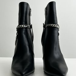 Azalea Wang  NOBODY'S FOOL CHAIN HARNESS STILETTO BOOTIE IN BLACK