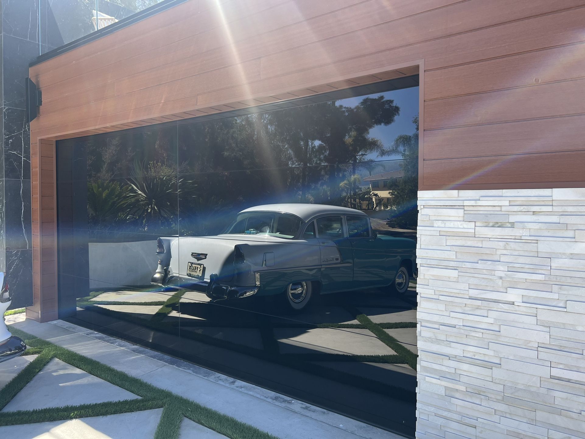 Custom Garage Door 15x7 All Black Frameless Glass, Infiniti Garage Door