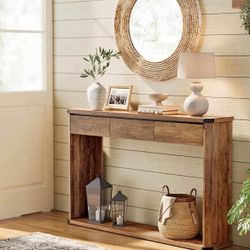 Console Table, 47.2 Inches Sofa Table, Narrow Entryway with 3 Drawers, Bottom Shelf, Metal Corners for Living Room, Bedroom, Farmhouse Sty