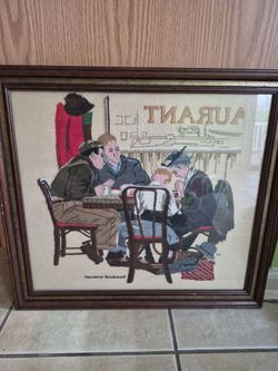 Vintage, hand-stitched crewel embroidery reproduction of Norman Rockwell's iconic 1951 painting
