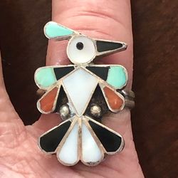 Navajo Zuni Sterling Silver Multi-Stone Inlay THUNDERBIRD RING Size 8.5 Vintage